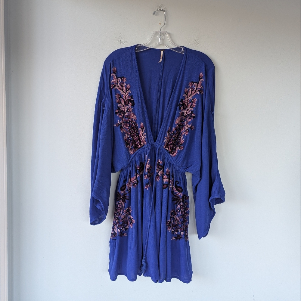 Free People Royal Blue Embroidered Floral Boho Mini Dress - Picture 6 of 13